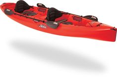 an orange kayak with two seats on it