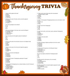 the thanksgiving trivia is shown with an image of a turkey, pumpkins and other items