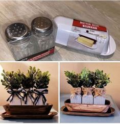 three different pictures with plants in vases and an air freshener dispenser