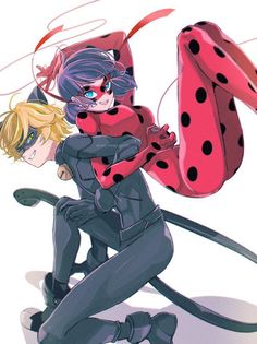 two anime characters are sitting next to each other with ladybugs on their backs