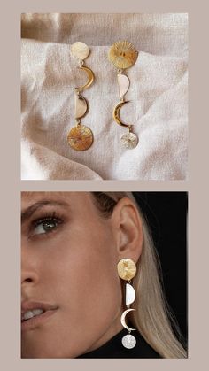 Elegant White Crescent Earrings, Elegant Crescent Moon Charm Earrings, Elegant Half Moon Earrings With Moon Charm, Gold Crescent Earrings With Moon Phase Detail, Elegant Moon Charm Drop Earrings, Gold Moon-shaped Earrings, Celestial Metal Jewelry, Modern Crescent Jewelry For Pierced Ears, Elegant Brass Earrings With Moon Charm