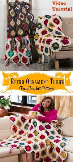 a woman sitting on top of a couch next to a crocheted blanket with the words retro ornament throw