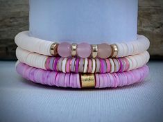 Set of 3 elastic stretch beaded bracelets approx length 6.5" Stretch Beaded Bracelets, Clay Bracelets, Stack Bracelets, Clay Bracelet, Gift For Her Birthday, Bracelet Ideas, Holiday Jewelry, Shades Of Pink, Bracelet Stack