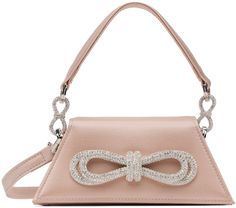 Structured satin top handle bag in pink. · Crystal-cut hardware at carry handle · Adjustable and detachable shoulder strap · Crystal-cut bow appliqué at magnetic foldover flap · Card slot at interior · Twill lining · H3 x W7 x D1.75 Supplier color: Pink Luxury Shoulder Bag With Bow For Party, Luxury Party Shoulder Bag With Bow, Luxury Formal Shoulder Bag With Bow, Elegant Formal Shoulder Bag With Bow, Elegant Pink Bag With Detachable Bow, Luxury Party Bag With Detachable Bow, Evening Shoulder Bag With Bow And Top Handle, Formal Rectangular Shoulder Bag With Detachable Bow, Luxury Party Bag With Bow