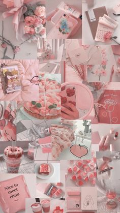 a collage of pink and white items with hearts on them, such as cards