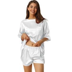 It's great for loungewear, nightwear, sleepwear, home bedroom, and daily wear. This sleepwear set includes a short-sleeved t-shirt and shorts. The simple loose T-shirt design and soft satin fabric give you the choice for everyday loungewear. This set uses soft breathable pure satin, offering you a cozy sleepwear experience. Design: There are many colors of this sleepwear set to choose from. You can match it with your heart. No matter the cozy bedtime, casual home relaxation, lazy afternoon, or c Satin Short Sleeve, Cozy Sleepwear, Lazy Afternoon, Cute Sleepwear, Satin Sleepwear, Satin Short, Womens Pyjama Sets, Sleepwear Sets, Loungewear Set