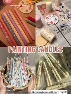 there are many different types of candles on the table and in front of them is an advertisement for painting candles