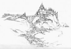 a drawing of a castle on top of a mountain