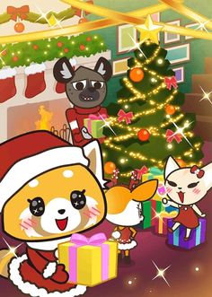 an animated christmas scene with two cats and a cat in front of a christmas tree