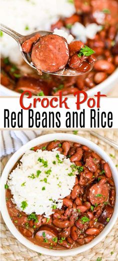 crock pot red beans and rice in a white bowl with spoon on the side