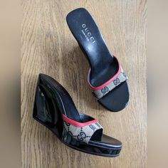 Classic Gucci Logo Mules With An Updated Modern Sculpted Heel! No Major Flaws, Very Light Wear. These Are A Size 4.5b. I'm A Size 5 And Sometimes A 4.5 And These Fit! I Included A Picture Of The Insole Measurement. Let's Have Some Fun With Fashion This Year! Gucci Designer Wedge Sandals With Round Toe, Designer Gucci Wedge Sandals With Round Toe, Gucci Leather Wedge Sandals For Summer, Gucci Wedge Heel Sandals With Branded Heel, Gucci Luxury Wedge Sandals With Round Toe, Gucci Luxury Round Toe Wedge Sandals, Gucci Wedge Heel Sandals, Gucci Designer Wedge Heel Sandals, Designer Platform Wedge Sandals