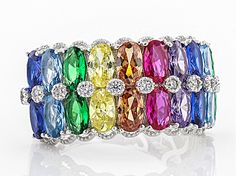 Bella Luce ® multicolor gemstone simulants 5.14ctw oval and round, rhodium over sterling silver ring. Measures approximately 0.44"L x 0.13"W and is not sizeable. Words Meaning Beautiful, Blue Spinel, Rainbow Jewelry, Jewelry Television, Broken Chain, Pearl Strands, Sterling Ring, Gemstone Colors, Sterling Silver Ring