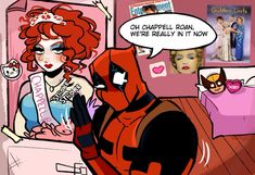 a comic strip with a woman dressed as deadpool