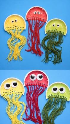 three pictures of jellyfish made out of paper with eyes and hair, one in the middle