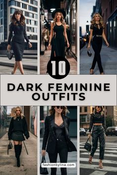 Dramatic Feminine Style, Dark Feminine Style Casual, Femme Goth Outfits, Dark Femme Fatale Outfits, Dark Feminine Dresses, Sophisticated Edgy Style, Elegant Rocker Outfit, Dark Feminine Fashion, Goth Tatoos