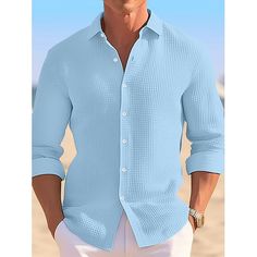 Season:Spring  Summer; Function:Moisture Wicking,Breathable; Fabric:Cotton,Cotton Blend; Sleeve Length:Long Sleeve; Look After Me:Washable,Wet and Dry Cleaning; Gender:Men's; Style:Comfortable,Fashion,Casual; Tops Type:Shirt,Casual Shirt,Waffle Shirt,Button Up Shirt,Summer Shirt; Occasion:Vacation,Daily,Going out; Pattern:Plain; Neckline:Lapel; Listing Date:08/30/2024 Light Blue Long Sleeve Solid Color Shirt, Light Blue Long Sleeve Shirt, Vacation Clothing, Light Blue Long Sleeve, Waffle Shirt, Style Comfortable, Mens Button Up, Blue Long Sleeve, Shirt Button