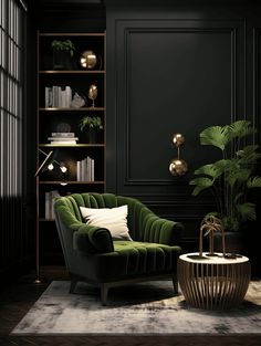 a living room with black walls and green velvet chairs in front of a bookcase