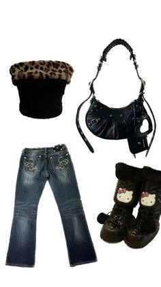 Hello kitty miss me jeans cheetah print fur gyaru mcbling y2k Y2k Hello Kitty Clothes, Y2k Animal Print Outfit, Y2k Cheetah Print Outfits, Cheetah Print Outfits Y2k, Gyaru Fits, Cheetah Print Y2k, Gyaru Mcbling, Y2k Cheetah Print