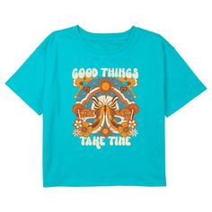 If you're looking for the hottest new trends, you're in the right place! Take your everyday style to the next level with this lovely new Girls' Good Things Take Time Butterfly Crop T-shirt from Lost Gods! This tee features a butterfly, flowers, mushrooms, and the text: "Good things take time," across the front. Make everything from workouts to running errands, or even just lounging around the house a little extra chic! There’s no end to the awesomeness you’ll find when you shop apparel by Lost G Blue Graphic Tee T-shirt With Slogan, Blue Graphic Tee With Slogan, Fun Blue T-shirt With Slogan, Casual Blue Cropped T-shirt With Graphic Print, Funny Print Blue Tops For Streetwear, Blue Tops With Funny Print For Streetwear, Blue Retro T-shirt With Front Print, Retro Blue T-shirt With Front Print, Blue Slogan Graphic Tee