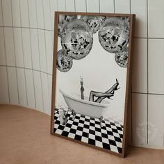 a black and white photo of a woman sitting in a bathtub with high heels