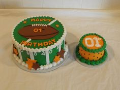 a birthday cake with an orange and green football on the top is next to a smaller one