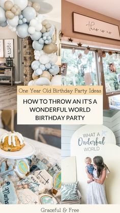 a collage of photos with balloons and other items in the background, including a birthday party