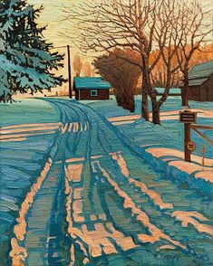 a painting of a snowy road with houses in the background