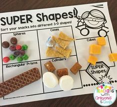 a printable super shapes game with candy, crackers and candies on it