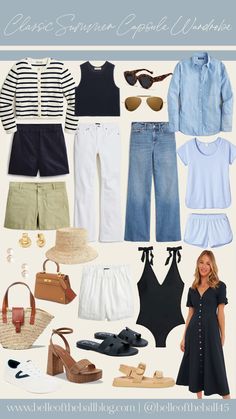 Classic Summer Capsule Wardrobe - belleoftheballblog.com Classic Summer Capsule Wardrobe, Europe Clothes, Holiday Capsule Wardrobe, Capsule Wardrobe Women, Coastal Fashion, Classic Capsule Wardrobe, Grandma Fashion, Basic Wardrobe, Europe Outfits