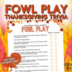 Thanksgiving Fowl Play Trivia Game is a fun and easy Friendsgiving true or false questionnaire. Perfect as a classroom party activity or fall family game night printable. UPGRADE TO THE COMPLETE PRINTABLE THANKSGIVING GAMES BUNDLE: https://festivefunprintables.etsy.com/listing/1584069254 Get ready to embark on a Thanksgiving adventure like no other! These Printable Games are the perfect addition to your celebration. Whether you're hosting a Thanksgiving party, gathering with friends and family f Friendsgiving Crafts, Thanksgiving Facts, Thanksgiving 2024, Printable Thanksgiving, True False, Trivia Game, Thanksgiving Party, Thanksgiving Games, Fun Printables