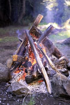 a campfire with logs sticking out of it