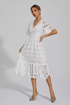 Bohemian V-neck Dress With Scalloped Lace, White Midi Dress With Cutwork Hem, Elegant Embroidered Summer Dress, Midi Length, Elegant Summer Embroidered Midi Dress, Elegant Floral Embroidery Lace Dress For Summer, Elegant Summer Lace Dress With Floral Embroidery, Fitted Midi Dress With Cutwork Hem And Short Sleeve, Elegant Summer Maxi Dress With Cutwork Hem, White V-neck Maxi Dress With Lace Trim