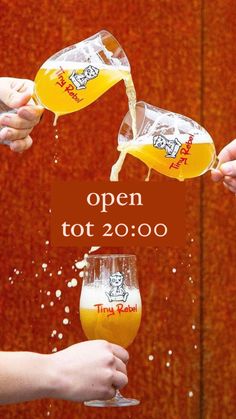 two people are pouring orange juice into wine glasses with the words, open tot 20 00