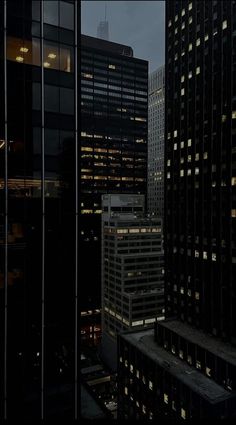 the city skyline is lit up at night with lights shining on buildings and skyscrapers