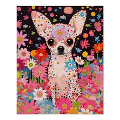 a painting of a small chihuahua surrounded by flowers and daisies on a black background