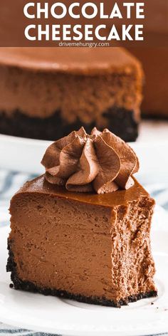 a slice of chocolate cheesecake on a white plate