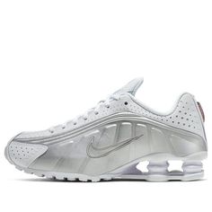 (WMNS) Nike Shox R4 'White Metallic' AR3565-101 (SNKR) Classic White Running Shoes With Air Max Cushioning, Classic White Running Shoes For Streetwear, Classic White Streetwear Running Shoes, Classic White Running Shoes With Air Cushioning, Classic White Running Shoes, Classic White Running Shoes For Light Sports, White Classic Running Shoes For Casual Use, Shox Shoes, Nike Shox Shoes