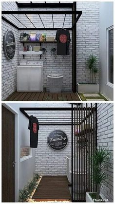 two pictures of the inside of a room with white brick walls and wood flooring