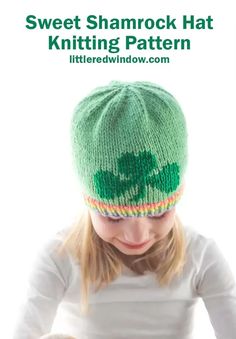 This cute sweet shamrock hat knitting pattern has a rainbow stripe brim and a cute shamrock design on the front in duplicate stitch! Shamrock Pattern, St. Patricks Day, St Patrick's Day Gifts, Baby Hats Knitting, Knit Hats