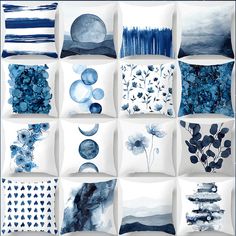 many blue and white pillows are arranged in a grid pattern, each with different designs on them