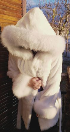 White Fur Coat With Faux Fur Lining For Winter, White Faux Fur Lined Coat For Winter, White Hooded Fur Coat With Faux Fur Lining, White Hooded Fur Coat For Winter, Fox Brand, Faux Fur Hooded Coat, Rabbit Fur Coat, Quilted Parka, Fluffy Coat