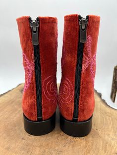 Red Embroidered Winter Boots, Traditional Suede Boots With Round Toe, Bohemian Red Leather Boots, Red Embroidered Boots With Round Toe, Embroidered Red Boots With Round Toe, Winter Leather Boots With Embroidery, Winter Embroidered Leather Boots, Embroidered Leather Closed Toe Boots, Suzani Tapestry