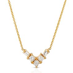 "This is our V pendant necklace casted in 14-karat gold and encrusted with both square-cut diamonds and tapered baguette diamonds in a pavé setting. The necklace shown here is our standard size, which is approximately 16 inches long and secured with a spring ring clasp. Versatile enough to wear on its own or layer with other necklaces. Available in your choice of yellow gold, white gold, or rose gold. *      14k recycled gold *      Square-cut diamonds and tapered baguette diamonds, totaling .34 carats *      Approximate dimensions: .47\" W x .30\" H *      This piece will arrive with our signature jewelry gift box *      This piece is painstakingly handcrafted and made to order *      Made in Los Angeles, CA" V Pendant, V Necklace, Baguette Diamonds, Necklace Design, Signature Jewelry, Recycled Gold, Diamond Fashion, Baguette Diamond, Gold Plated Necklace