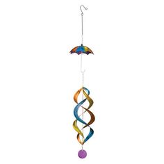 a wind chime with an umbrella hanging from it's side on a white background