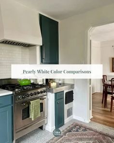 a kitchen with blue cabinets and white counter tops is featured in the article pearly white color comparison