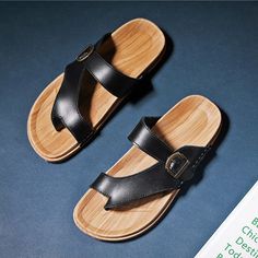 Men Summer Leather Beach Flip Flops Sandals Slides - $53 Casual Toe Loop T-strap Sandals, Casual T-strap Toe Loop Sandals, Casual T-strap Sandals With Toe Loop, Black Casual Slippers With Single Toe Strap, Black Toe Post Sandals For Outdoor, Casual Beach T-strap Sandals With Leather Sole, Casual Leather Sole Flip Flops For The Beach, Casual Toe Loop Flip Flops With Rubber Sole, Casual Black Toe Loop Footbed Sandals