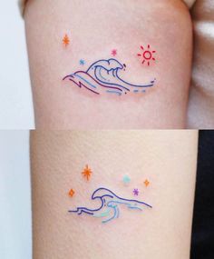 two tattoos on the arms of people with sun and wave tattoo designs on their arm