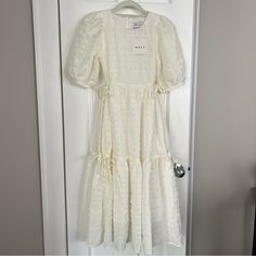 Brand New With Tags Originally $265 Sold Out Wray Rosemary Bubble Dress Midi Length With Adjustable Cinch Ties Ivory/Cream/White Color Size: Xxs Cream Dress Outfit, Princess Aesthetic Outfits, Cream White Color, Bubble Dress, Princess Aesthetic, Aesthetic Outfit, Dress Midi, Midi Length Dress, Cream Dress