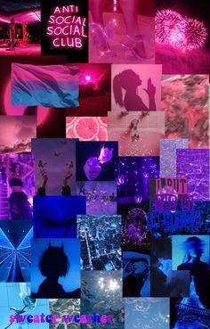 a collage of photos with the words night club written in pink and blue on them