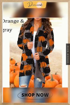 New Trend Halloween Women's Coat Digital Printing Loose Long-sleeved Sweater Casual Cardigan Fitted Long Sleeve Outerwear For Halloween, Cheap Long Sleeve Halloween Outerwear, Halloween Sweaters For Women, Cheap Long Sleeve Halloween Sweater, Casual Long Sleeve Halloween Cardigan, Cotton Long Sleeve Halloween Sweater, Fitted Long Sleeve Orange Cardigan, Fitted Orange Long Sleeve Cardigan, Halloween Long Sleeve Cardigan